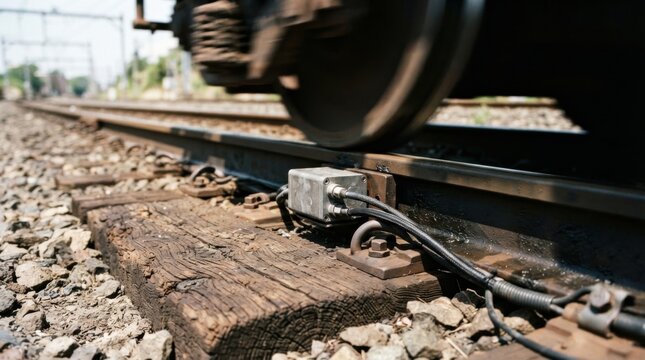 Vibration monitoring sensor clipped to a rail sleeper as a train wheel blurs past overhead on the track.