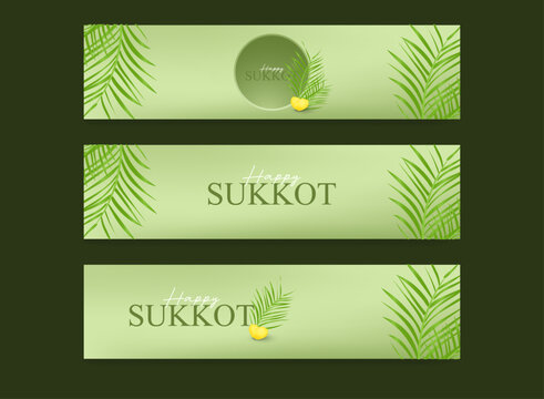 Sukkot holiday banner template set with green botanical backgrounds, palm leaves, etrog fruit, elegant typography, and wide horizontal layouts for seasonal designs.