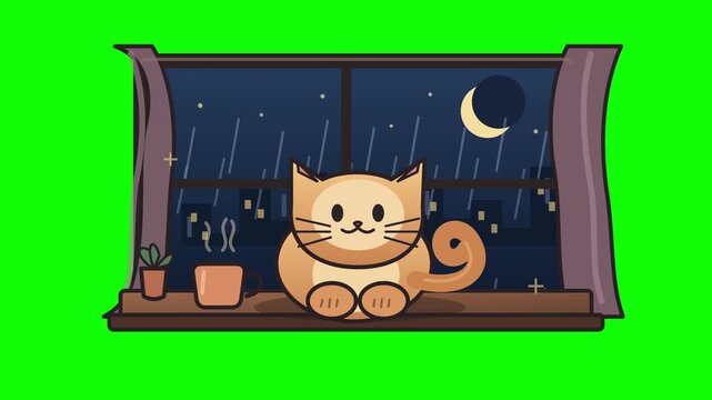 Orange cat sitting on a windowsill during a rainy night with steam rising from a cup digital animation motion footage