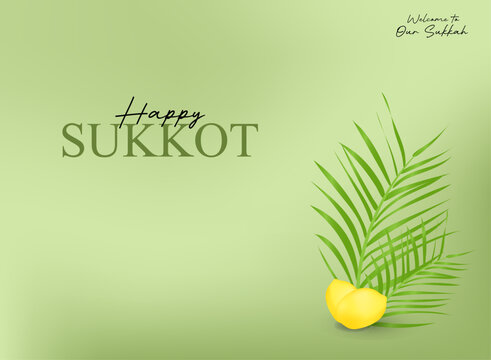 Elegant Sukkot holiday background featuring a green botanical composition, palm leaves, yellow etrog fruits, and elegant typography welcoming guests to a traditional sukkah.