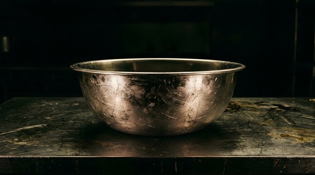 Scratched stainless steel mixing bowl resting on a metal prep table showcasing the rigorous daily use and durability of professional culinary equipment