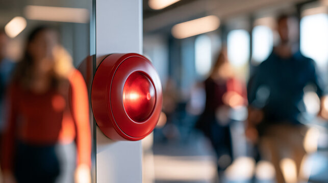 Red fire alarm button mounted on a bright wall, defocused employees evacuating an office visible in the background, safety and alert system concept, with copy space