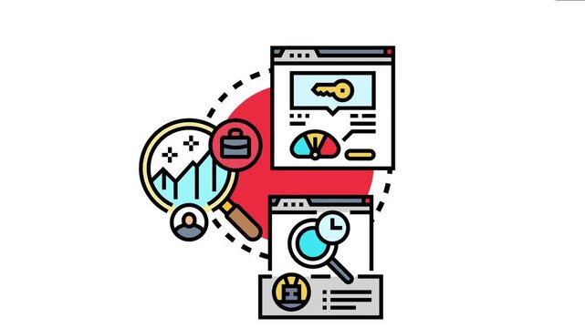 Business icons and web browser windows representing the process of optimizing search queries, analyzing data, and improving online visibility for digital marketing