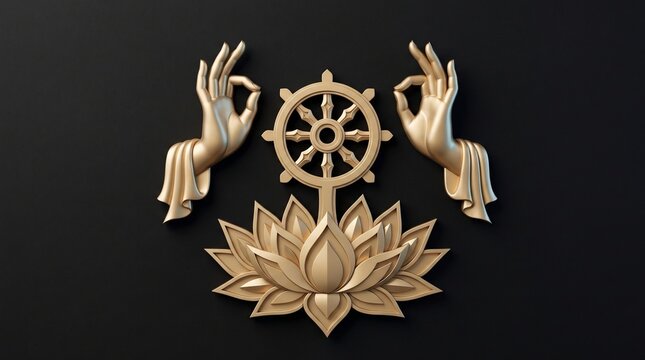 Golden Buddhist Dharmachakra Wheel Lotus Mudra Hands &ndash; Abstract Religious Zen Concept Banner