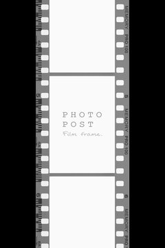 Vintage analog camera vertical film strip layout with empty mockup grey frames and sprocket holes on black background.