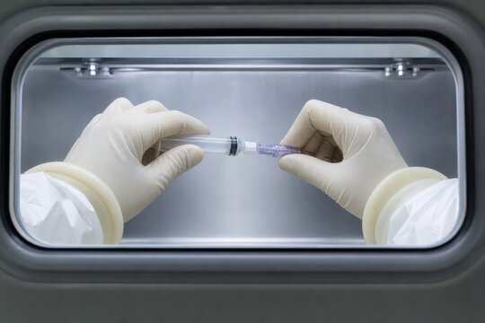 Sterile compounding pharmacy gauntlets checking a capped syringe fitting
