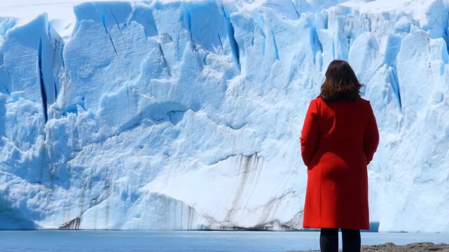 Person in vivid red coat stands motionless on rocky shoreline with back to camera, facing towering blue-white glacier wall across calm water in bright daylight and icy surroundings