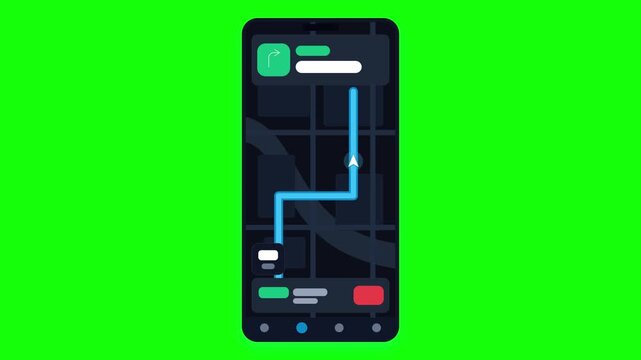Mobile phones displaying map navigation with moving route on green