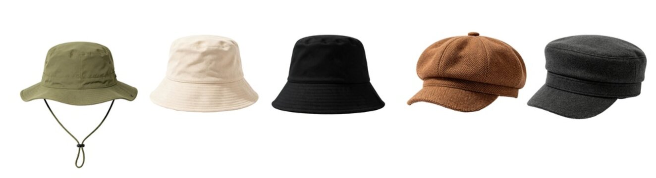 Bucket Hat and Newsboy Cap Collection PNG | Vintage Casual Headwear Set
