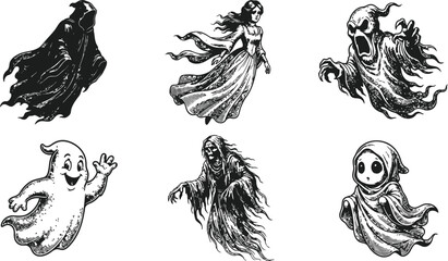 Fototapeta premium Various whimsical ghost illustrations in a clean hand-drawn style against a white background for creative projects