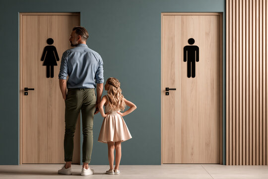 Father and daughter hesitating between restroom doors in modern hallway.