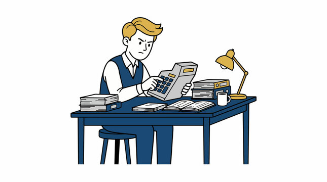 A focused man in a vest uses a calculator at his desk, surrounded by stacks of paper and a desk lamp.