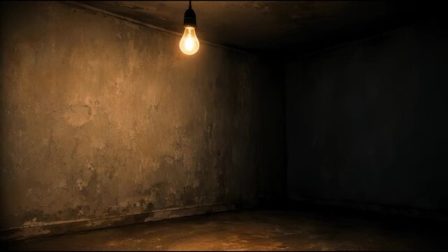 A minimalist room with a single light bulb hanging from the ceiling