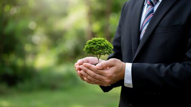 Businessman in a dark suit holding a small green tree symbolizing corporate responsibility.