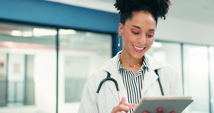 Medical, happy or woman in hospital with tablet, progress report or good news on treatment plan. Smile, healthcare or doctor with tech, recovery result or positive feedback in telehealth consultation