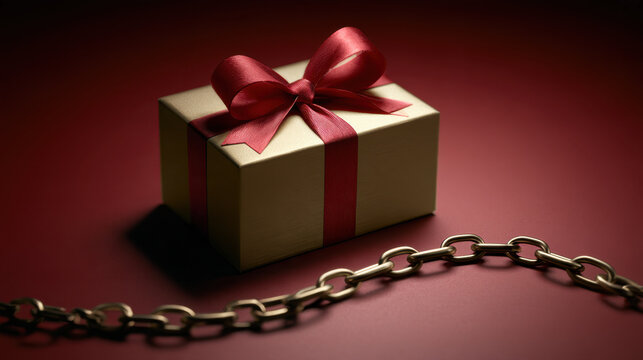 Gold christmas gift box with red ribbon and metal chain on dark red background symbolizing financial restriction, holiday debt and consumer pressure