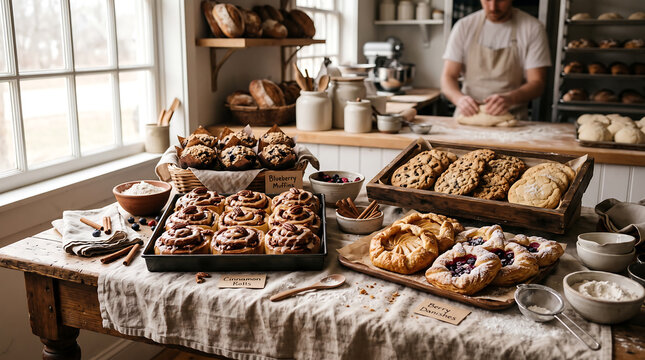 Freshly baked cinnamon rolls, berry danishes, and chocolate chip cookies displayed on a rustic wooden table in a traditional bakery with a baker kneading dough in the background