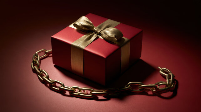 Red christmas gift box with gold ribbon and broken metal chain on dark red background symbolizing holiday debt, financial burden and overspending