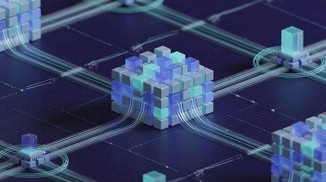 Modular abstract data platform architecture business solution concept 3d rendering background. Digital infrastructure and technology foundation. 