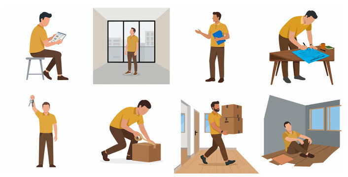 Set of flat vector illustrations of a man moving house, including packing boxes, searching for property on a tablet, signing a rental agreement, and holding keys to a new home.