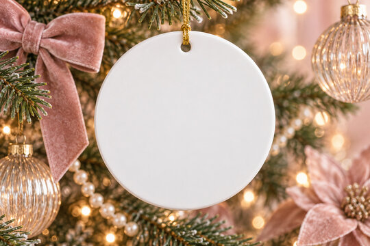 Blank round ceramic ornament on a Christmas tree with blush and champagne decorations, ideal for festive design mockups and personalized holiday branding.