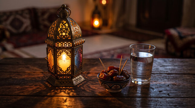 Traditional metal ramadan lantern with glowing light, a small bowl of dates, and a glass of water on a rustic wooden table in a dimly lit room
