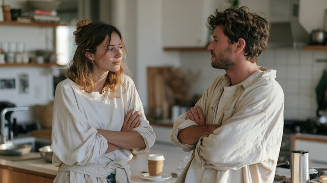 A baker and her partner facing away from each other in a small apartment kitchen at dawn, arms crossed, coffee cooling on the counter, wordless standoff, couple disagreement,