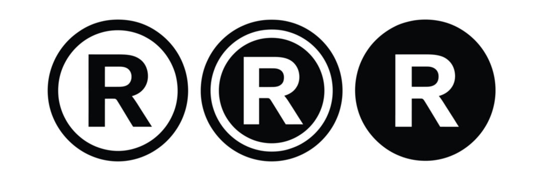 Registered trademark symbol icon set. Black registered mark symbols in outline, double circle, and solid styles for branding, intellectual property, copyright, legal protection, and business design.