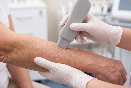Clinician examining dry skin on forearm with handheld skin analysis device