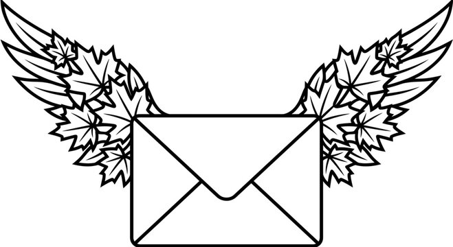 Envelope with maple leaf wings line art illustration
