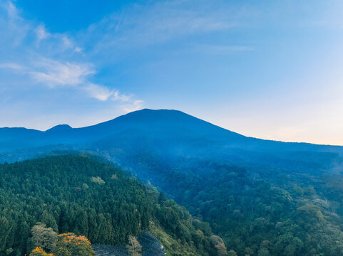 Aerial view of Goalpara Tea Park nestled at the foot of a lush mountain with dense forest slopes under a clear blue sky in Kecamatan Sukaraja, Jawa Barat, Indonesia.