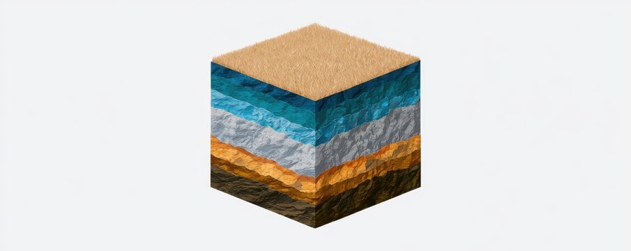 Isometric soil cube cross section showing geological layers of earth and rock strata