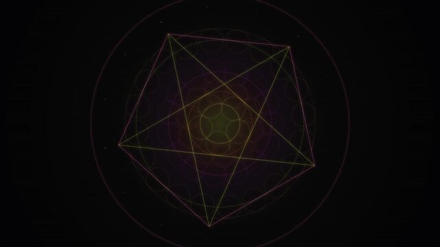 A glowing geometric mandala with concentric circles and a central star pattern creates a looping psychedelic visual effect.
