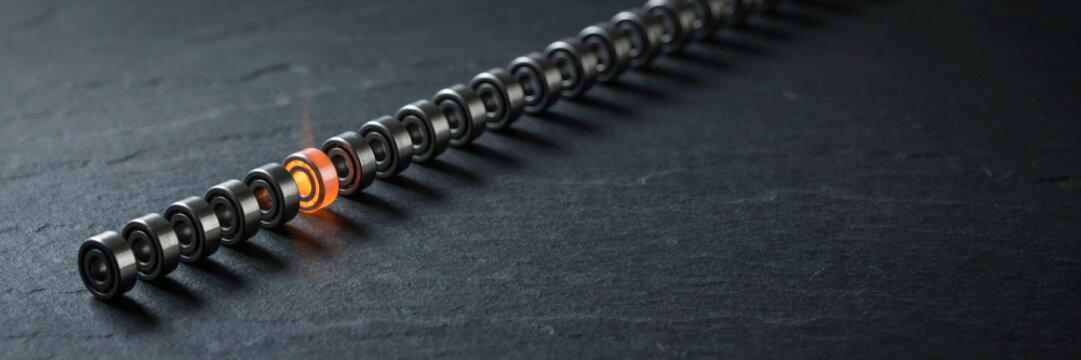 Metal bearings in a row with one glowing red hot as the weak link in the line, Weak Point In The Line, concept