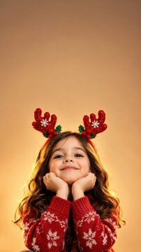 Cute young girl with brown hair wearing a festive red knitted sweater and sparkling reindeer antler headband, resting her chin on her hands while smiling warmly at the camera against a soft golden bac