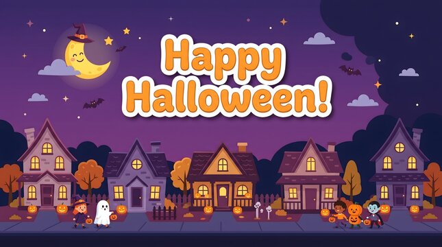 Happy Halloween vector banner. Spooky neighborhood with haunted houses. Smiling crescent moon with witch hat. Trick or treat children costumes. Purple night sky