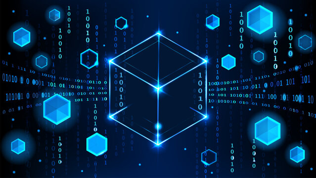Glowing blue blockchain technology background with a large central 3D cube and floating binary code for digital cyber network banners, big data finance posters, and metaverse wallpaper.