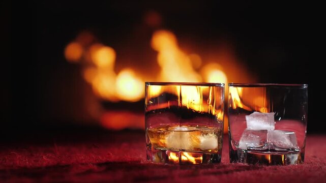 A captivating close up video of whiskey being poured into two glasses filled with ice cubes, set against a cozy fireplace ambiance.