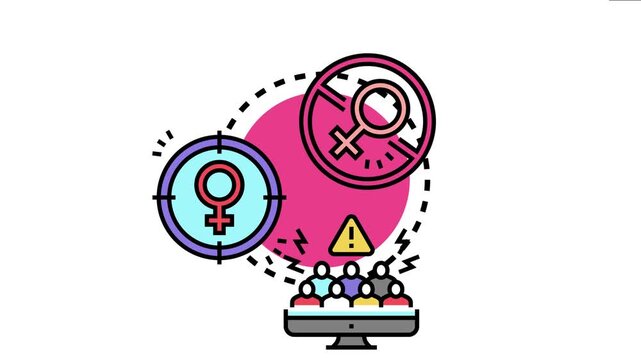 Opposing trend concept societal debate around gender equality with symbols of female rights, discrimination, and a group of people expressing concern or opposing views online