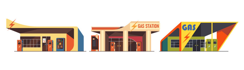 Gas stations complex with canopies and fuel signages above vehicle service area. Roadside energy facilities set. Vector distribution and transportation, automotive mobility and petroleum commerce © Sensvector