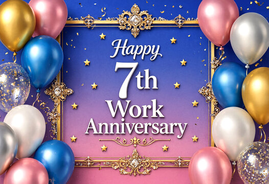 Celebration banner for seven years work anniversary with colorful balloons