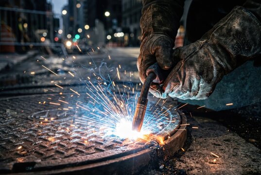 Close-up of a worker in protective gloves using a welding torch on a street manhole cover, producing bright sparks and light during night infrastructure repairs.