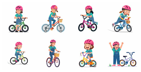 Fototapeta premium Set of Little Girl Character Learning to Ride a Bicycle with Different Emotions and Expressions, Child Cycling Progress from Frustration to Success Cartoon Illustration
