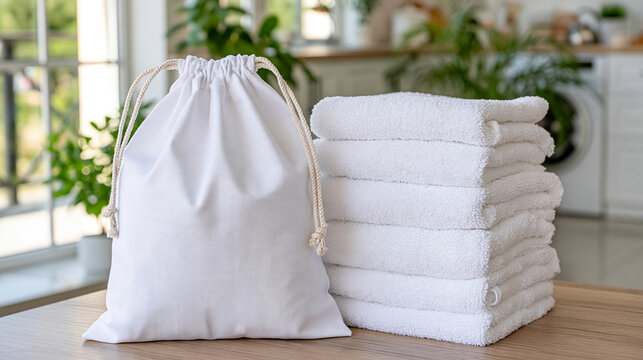 White reusable canvas laundry bag with drawstring closure positioned next to a tall stack of fluffy folded towels, clean professional laundry facility, bright white interior, organized washing servi