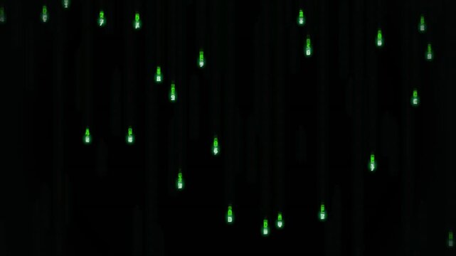 Emerald light particles descend vertically across a dark screen, creating a rhythmic visual of digital rain and computer code sequences reminiscent of a cybernetic interface.