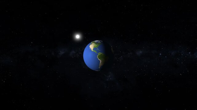 Planet Earth animation rotates across star-filled celestial space. Distant cosmic nebulae surround the planet Earth animation. Solar system orbits highlight Earth.