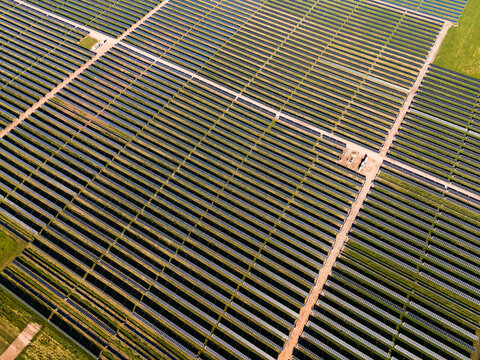 Aerial view of Limondale Solar Farm with rows of solar panels in Balranald, New South Wales, Australia.