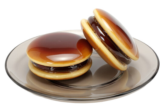 ガラス細工のどら焼き 2個 皿にのせたあんこの和菓子の置物 白背景