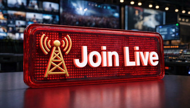 Join live broadcast concept with red illuminated sign and transmission tower symbol in control room setting