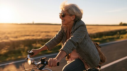 Obraz premium Senior woman with short grey hair riding a bicycle along a country road at golden hour, in warm natural light